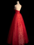 Princess Ball Gown Spaghetti Strap Sequin Red Tulle Long Prom Dresses Party Dress 18th Birthday Outfits Graduation Gown HZ0311