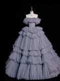 Modest Ball Gown Off The Shoulder Grey Tulle Long Prom Dresses Party Dress 21st Birthday Outfits Graduation Gown HZ0311