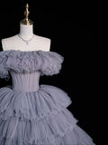 Modest Ball Gown Off The Shoulder Grey Tulle Long Prom Dresses Party Dress 21st Birthday Outfits Graduation Gown HZ0311