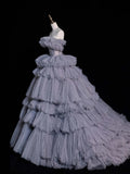 Modest Ball Gown Off The Shoulder Grey Tulle Long Prom Dresses Party Dress 21st Birthday Outfits Graduation Gown HZ0311