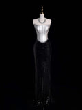 Retro Classy Mermaid Strapless Silver Gray Satin Black Sequined 1950s Long Prom Dresses Formal Gowns HZ0311