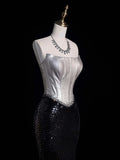 Retro Classy Mermaid Strapless Silver Gray Satin Black Sequined 1950s Long Prom Dresses Formal Gowns HZ0311