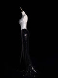 Retro Classy Mermaid Strapless Silver Gray Satin Black Sequined 1950s Long Prom Dresses Formal Gowns HZ0311