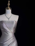Retro Classy Mermaid Strapless Silver Gray Satin With Slit 1950s Long Prom Dresses Formal Gowns HZ0311