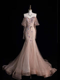 Modest Mermaid Off The Shoulder Blush Pink Tulle Long Prom Dresses Party Dress 22th Birthday Outfits Graduation Gown HZ0311