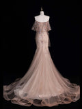 Modest Mermaid Off The Shoulder Blush Pink Tulle Long Prom Dresses Party Dress 22th Birthday Outfits Graduation Gown HZ0311