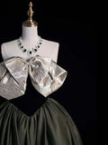 Retro Classy Ball Gown Strapless Olive Green Satin Long 1950s Prom Dresses Formal Gowns HZ0311