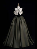 Retro Classy Ball Gown Strapless Olive Green Satin Long 1950s Prom Dresses Formal Gowns HZ0311