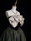 Retro Classy Ball Gown Strapless Olive Green Satin Long 1950s Prom Dresses Formal Gowns HZ0311