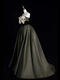 Retro Classy Ball Gown Strapless Olive Green Satin Long 1950s Prom Dresses Formal Gowns HZ0311