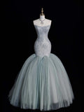 Modest Mermaid Strapless Dusty Green Tulle Long Prom Dresses Party Dress 22th Birthday Outfits Graduation Gown HZ0311