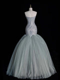 Modest Mermaid Strapless Dusty Green Tulle Long Prom Dresses Party Dress 22th Birthday Outfits Graduation Gown HZ0311