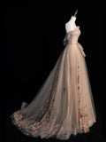 Princess Ball Gown Strapless Champagne Tulle Long Prom Dresses Evening Outfits Formal Dress HZ0311