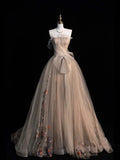Princess Ball Gown Strapless Champagne Tulle Long Prom Dresses Evening Outfits Formal Dress HZ0311