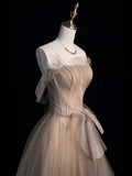 Princess Ball Gown Strapless Champagne Tulle Long Prom Dresses Evening Outfits Formal Dress HZ0311