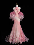 Retro Mermaid Halter Pink Tulle With Sleeves Party Dresses Prom Dresses Impress Senior Formal Dance Dress HZ0311