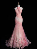 Retro Mermaid Halter Pink Tulle With Sleeves Party Dresses Prom Dresses Impress Senior Formal Dance Dress HZ0311