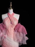 Retro Mermaid Halter Pink Tulle With Sleeves Party Dresses Prom Dresses Impress Senior Formal Dance Dress HZ0311