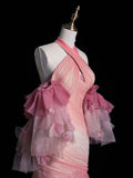 Retro Mermaid Halter Pink Tulle With Sleeves Party Dresses Prom Dresses Impress Senior Formal Dance Dress HZ0311