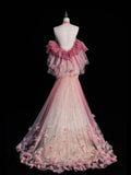 Retro Mermaid Halter Pink Tulle With Sleeves Party Dresses Prom Dresses Impress Senior Formal Dance Dress HZ0311