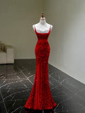 Chic Mermaid Spaghetti Strap Red Sequins Long Party Dresses Prom Dresses Impress Formal Party Dress HZ0311
