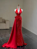Sparkly Mermaid Halter Red Sequins Long Party Dresses Prom Dresses Impress Formal Party Dress HZ0311