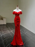 Sexy Mermaid Off The Shoulder Red Sequins With Sleeves Long Prom Dress Evening Outfits Formal Dress HZ0311