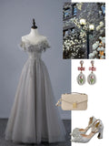 Sexy A line Off The Shoulder Grey Tulle With Sleeves Long Prom Dresses Evening Outfits Formal Dress HZ0311