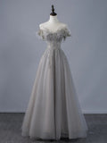 Sexy A line Off The Shoulder Grey Tulle With Sleeves Long Prom Dresses Evening Outfits Formal Dress HZ0311