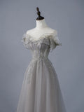 Sexy A line Off The Shoulder Grey Tulle With Sleeves Long Prom Dresses Evening Outfits Formal Dress HZ0311