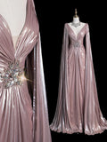 Vintage A line V Neck Pink Beaded Bodice Satin With Cape Long Prom Dress Evening Outfits Formal Dress HZ0311