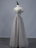 Sexy A line Off The Shoulder Grey Tulle With Sleeves Long Prom Dresses Evening Outfits Formal Dress HZ0311