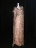Chic A Line V Neck Blush Pink Sequin With Long Sleeves Cape Party Dresses Prom Dresses Impress Senior Formal Dance Dress HZ0311