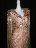 Chic A Line V Neck Blush Pink Sequin With Long Sleeves Cape Party Dresses Prom Dresses Impress Senior Formal Dance Dress HZ0311