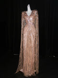 Chic A Line V Neck Blush Pink Sequin With Long Sleeves Cape Party Dresses Prom Dresses Impress Senior Formal Dance Dress HZ0311