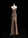 Sparkly Mermaid Spaghetti Strap Champagne Sequins Long Party Dresses Prom Dresses Impress Formal Party Dress HZ0311