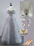 Sexy Ball Gown Off The Shoulder Silver Grey Tulle With Sleeves Long Prom Dresses Evening Outfits Formal Dress HZ0311