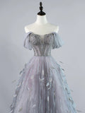 Sexy Ball Gown Off The Shoulder Silver Grey Tulle With Sleeves Long Prom Dresses Evening Outfits Formal Dress HZ0311