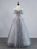 Sexy Ball Gown Off The Shoulder Silver Grey Tulle With Sleeves Long Prom Dresses Evening Outfits Formal Dress HZ0311