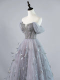 Sexy Ball Gown Off The Shoulder Silver Grey Tulle With Sleeves Long Prom Dresses Evening Outfits Formal Dress HZ0311