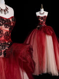 Modest Ball Gown Sweetheart Red Tulle Long Prom Dresses Party Dress 16th Birthday Outfits Graduation Gown HZ0311