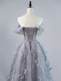 Sexy Ball Gown Off The Shoulder Silver Grey Tulle With Sleeves Long Prom Dresses Evening Outfits Formal Dress HZ0311