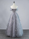 Sexy Ball Gown Off The Shoulder Silver Grey Tulle With Sleeves Long Prom Dresses Evening Outfits Formal Dress HZ0311