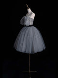 Simple Ball Gown Strapless Silver Gray Tulle Short 16th Birthday Outfits Middle School Homecoming Dresses Cocktail Gown HZ0311