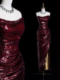 Vintage Sheath Strapless Burgundy Sequins With Slit Long Prom Dress Evening Outfits Formal Dress HZ0311