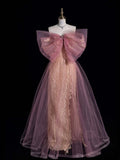 Retro Sheath Sweetheart Pink Lace Tulle With Bowknot Party Dresses Prom Dresses Impress Senior Formal Dance Dress HZ0311