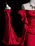 Sexy Mermaid Off The Shoulder Red Satin With Sleeves Long Prom Dress Evening Outfits Formal Dress HZ0311