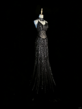 Chic Mermaid Spaghetti Strap Black Sequin Long Party Dresses Prom Dresses Impress Formal Party Dress HZ0311