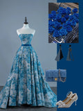 Sexy Ball Gown Strapless Sleeveless Blue Floral Satin Long Prom Dresses Evening Outfits Formal Dress HZ0311