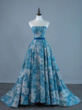Sexy Ball Gown Strapless Sleeveless Blue Floral Satin Long Prom Dresses Evening Outfits Formal Dress HZ0311
